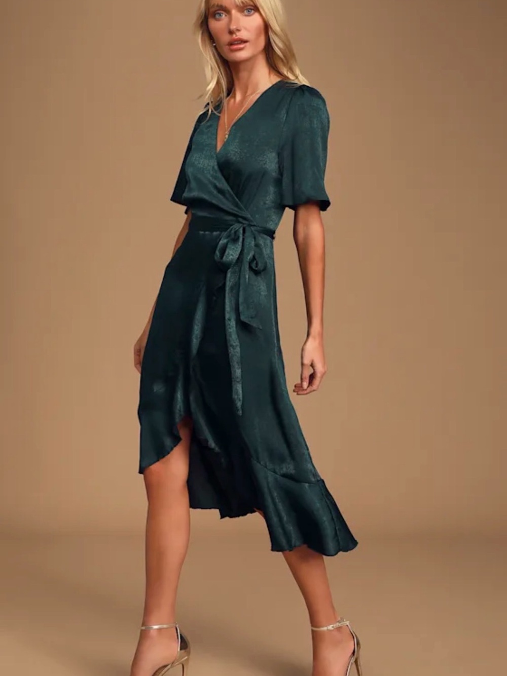 Lulu's Deep Teal Satin High-Low Wrap Dress